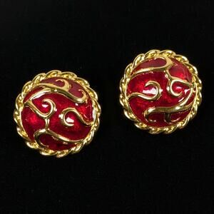 Hutton Wilkinson Signed Red and Gold Tone Clip On Round Enamel Swirl Earrings